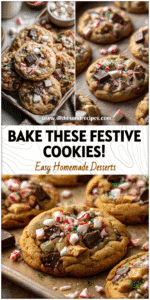 A tray of golden Christmas Kitchen Sink Cookies with peppermint candy and chocolate pieces in a festive kitchen scene.